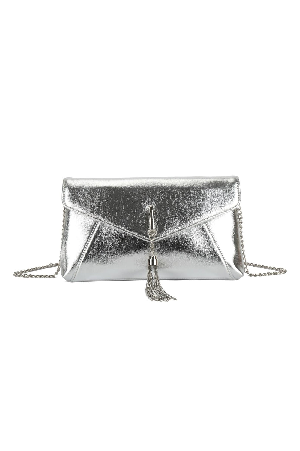 Helena Envelope Tassel Clutch Bag in Silver Metallic