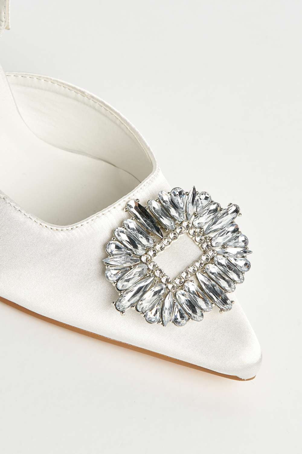 Miss Diva Amira Diamante Brooch Sling Back Court Shoes in Ivory Satin