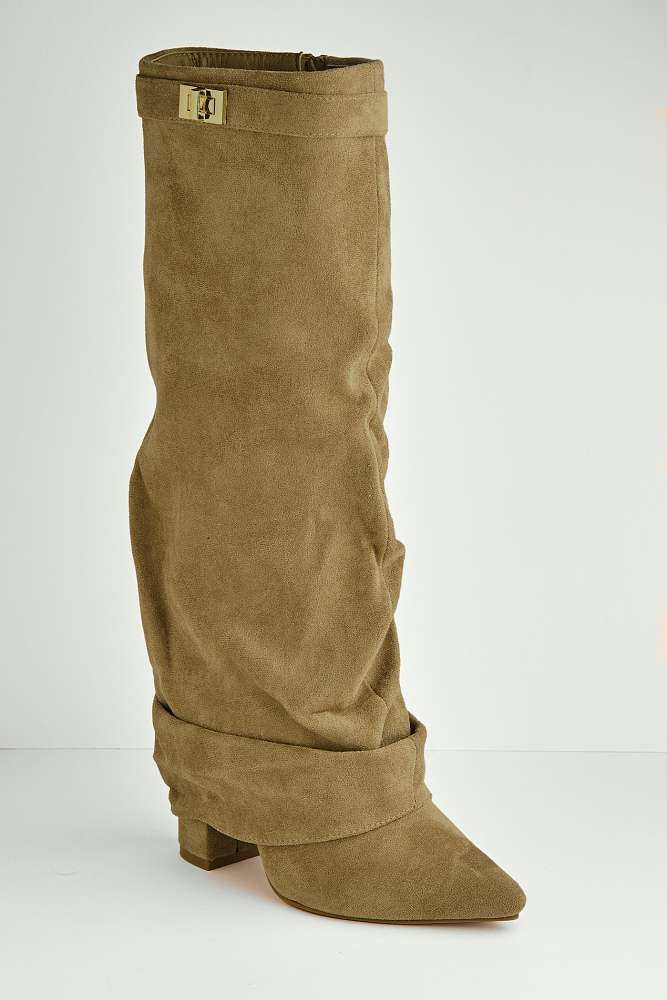 Miss iva Taupe Izel Block Heel Pointy Toe Gold Boots