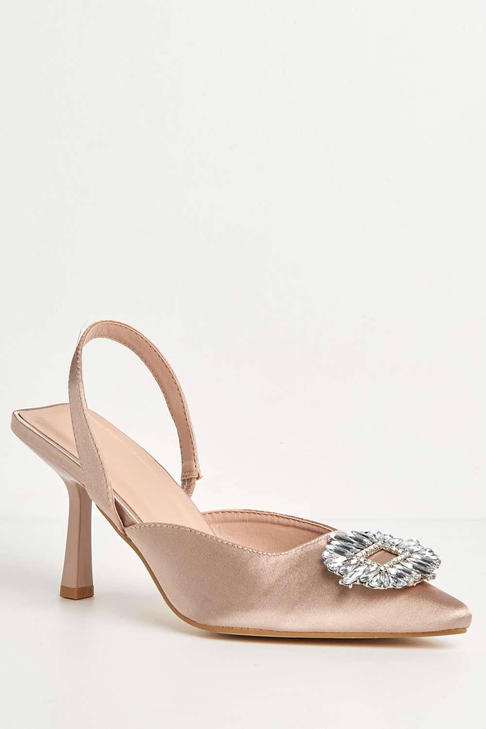 Miss Diva Amira Diamante Brooch Sling Back Court Shoes in Champagne Satin