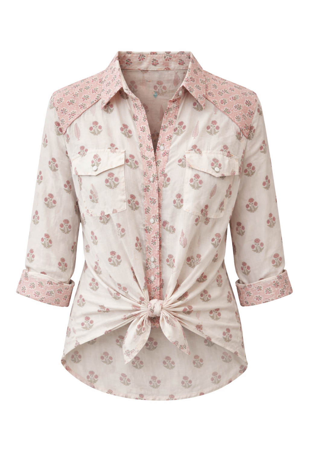 Soul Of Sita Long Sleeve Western Style Shirt In Cotton Voile, With A Beautiful Wood Block Print