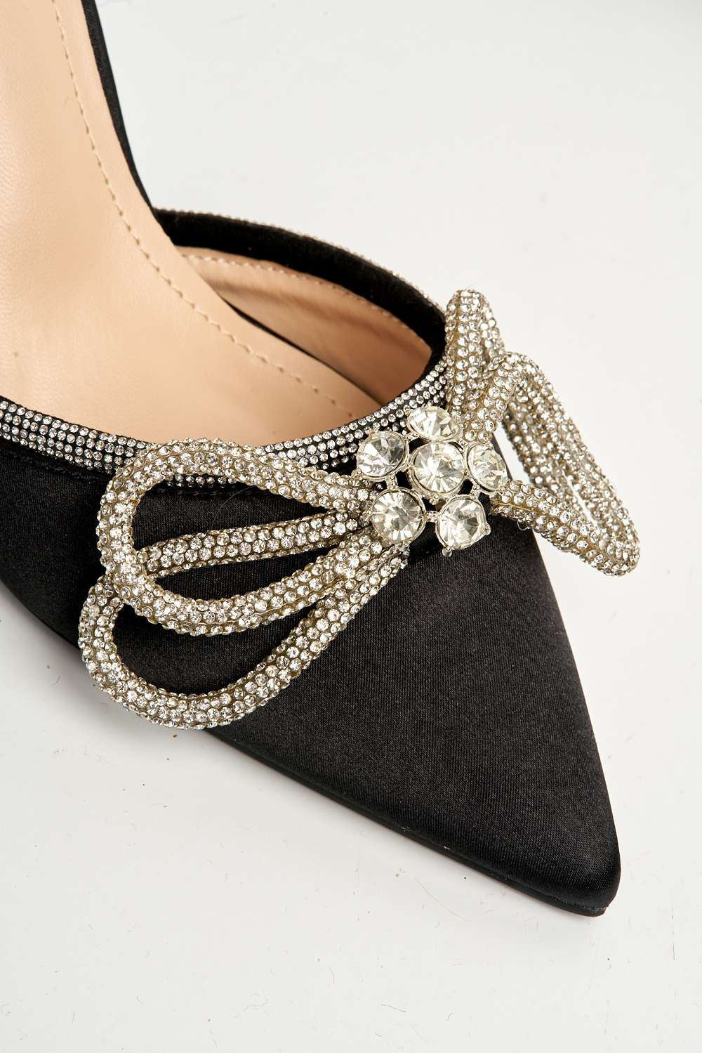 Natalie Pointed Toe Diamante Bow & Strap Court Shoe Heel in Black Satin Heels Miss Diva