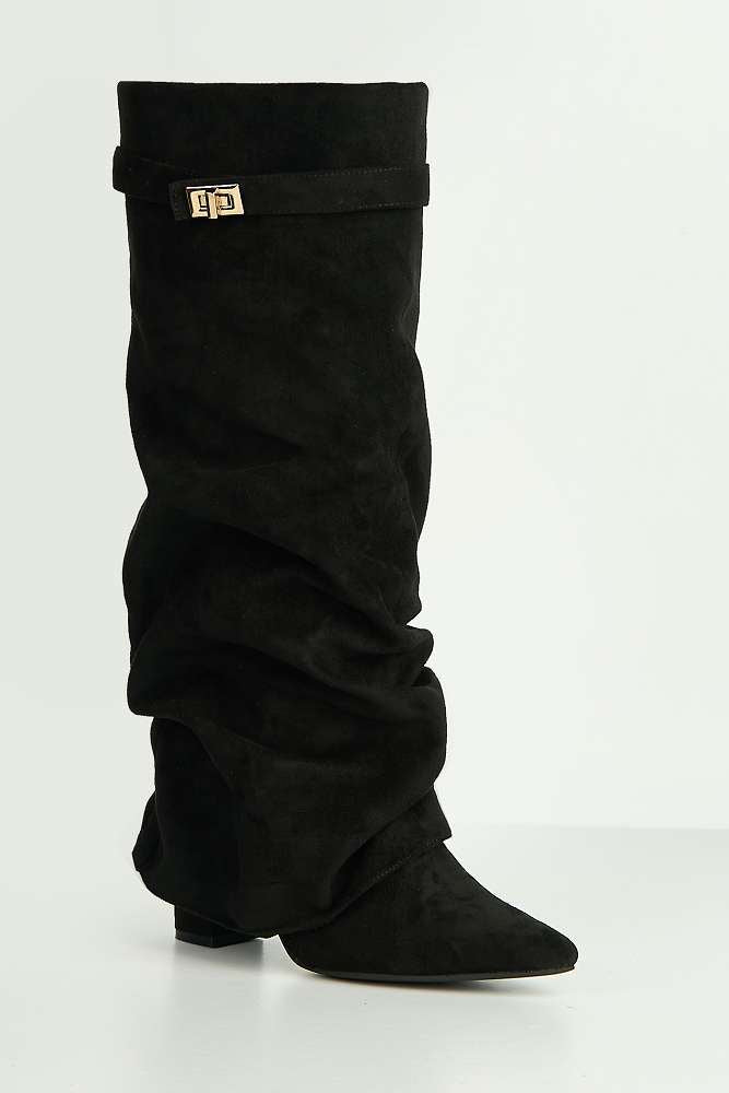 Miss Diva Black Suede Izel Block Heel Boots