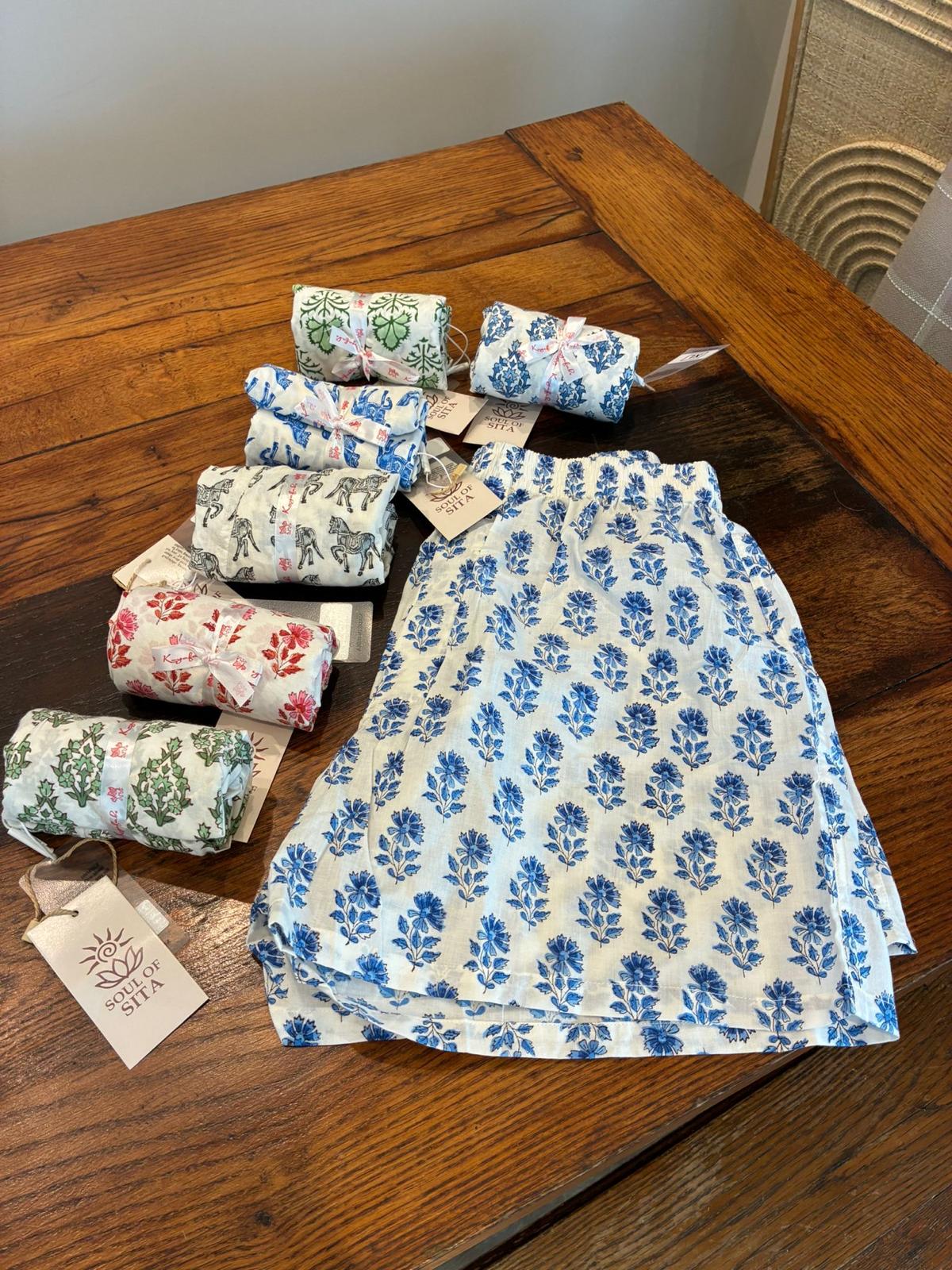 Soul Of Sita Woodblock Blue Floral Cotton Lounge Shorts