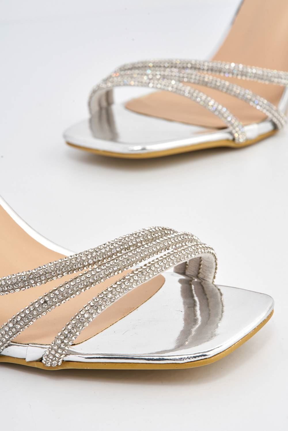 Miss Diva Camina Diamante Embellished 3 Strap Heeled Sandals in Silver