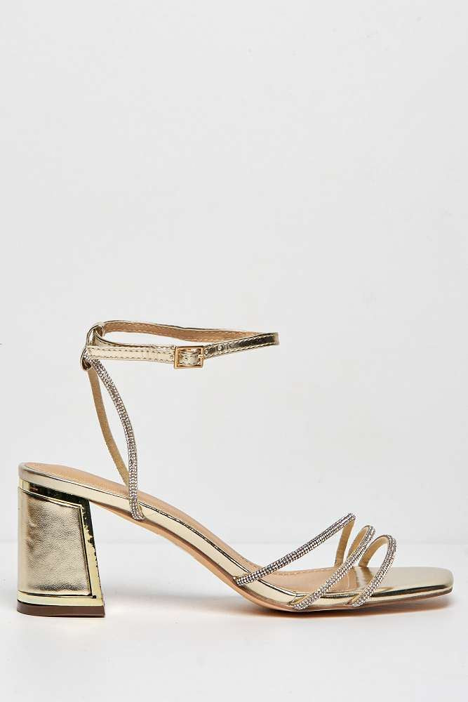 Miss Diva Alyanna Diamante Embellished Metallic Trim Block Heel Sandals in Gold