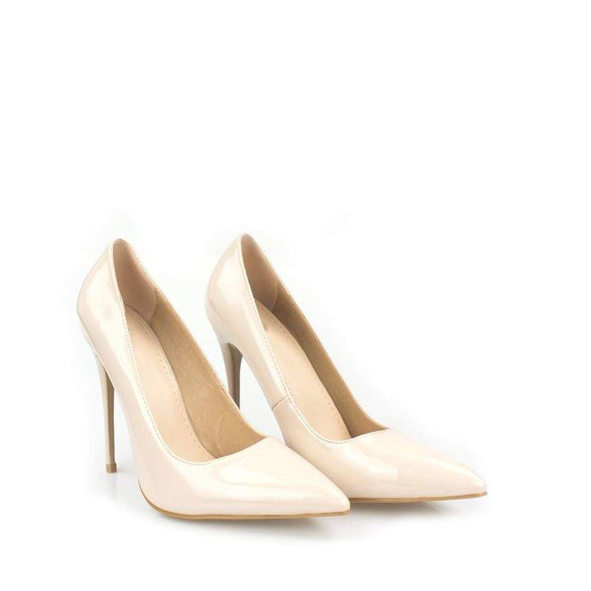 Mila High Stiletto Heel Court Shoe in Beige Patent Heels Miss Diva