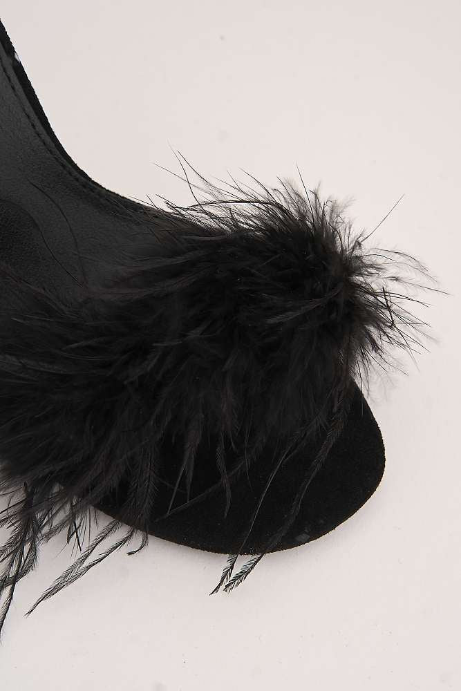 Margot Feathered Trim Band Slingback Heeled Sandals in Black