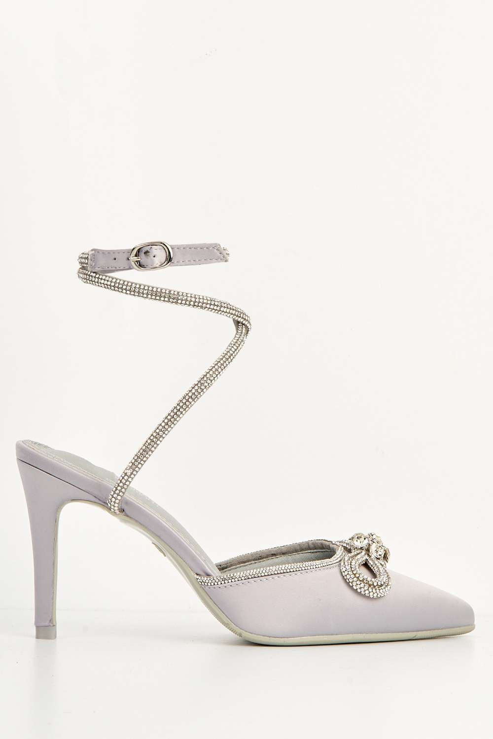 Miss Diva Natalie Pointed Toe Diamante Bow & Strap Court Shoe Heel in Silver