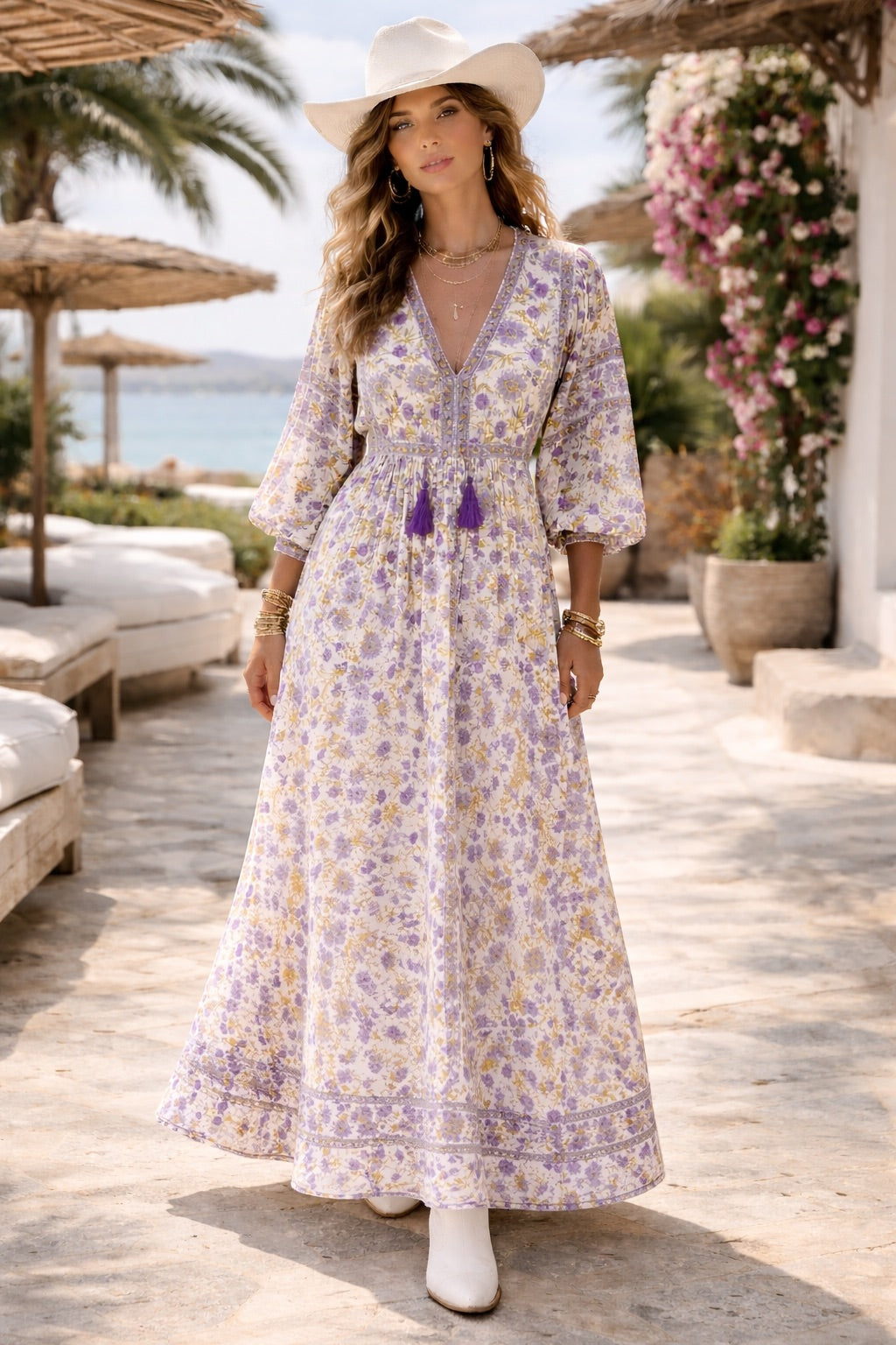 Soul Of Sita Amelia San Floral Lilac Floaty Sleeve Woodblock Print With Flowers, Maxi Dress