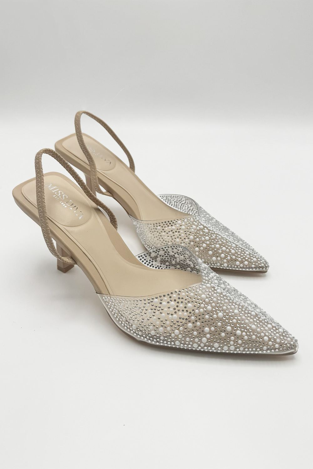 Miss Diva Kiana Diamante Embellished Sling Back Pointed Toe Court Shoes in Nude