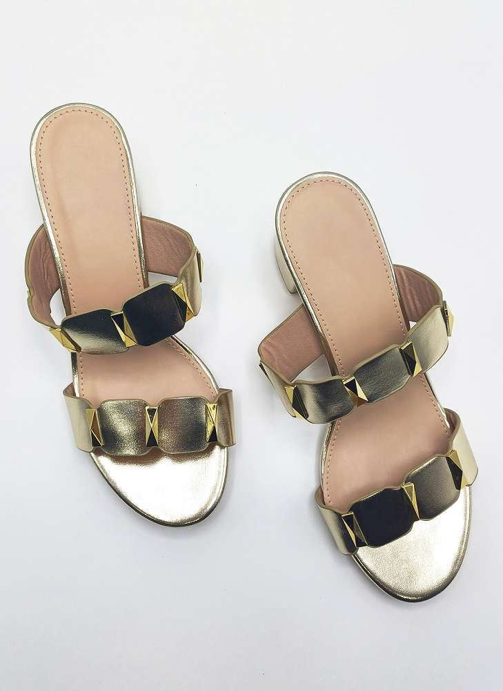 Miss Diva Gold Kolee Stud Detail Block Heel Mules