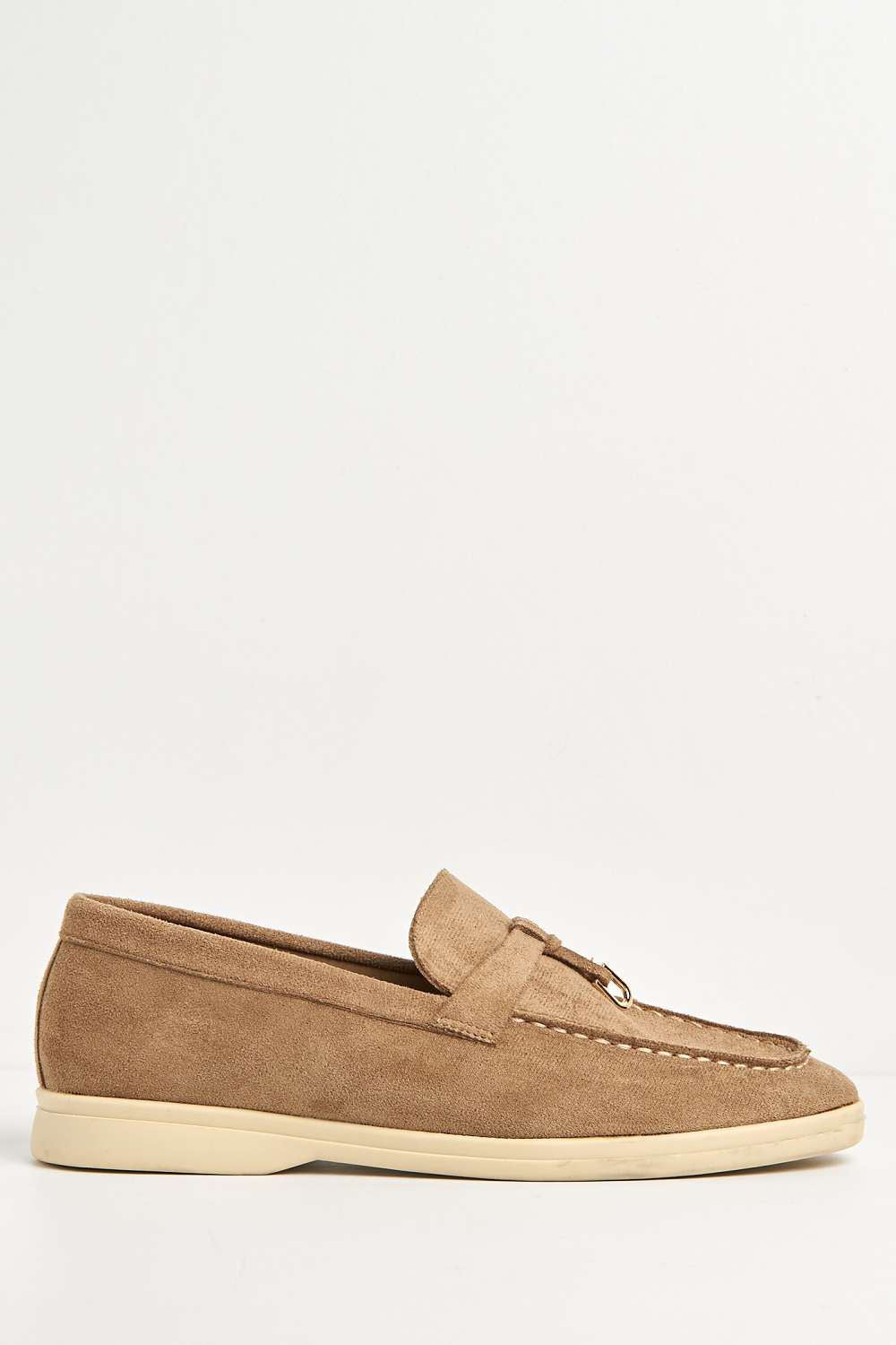 Miss Diva Tonya Charm Detail Slip-On Faux Suede Loafers in Taupe