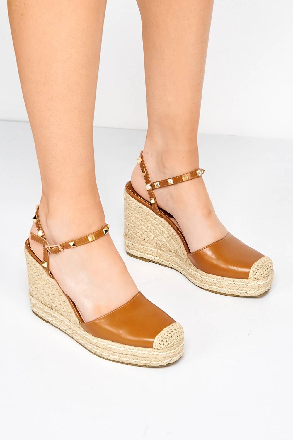Alala Round Toe Studded Anklestrap Espadrille Wedge in Tan Heels Miss Diva