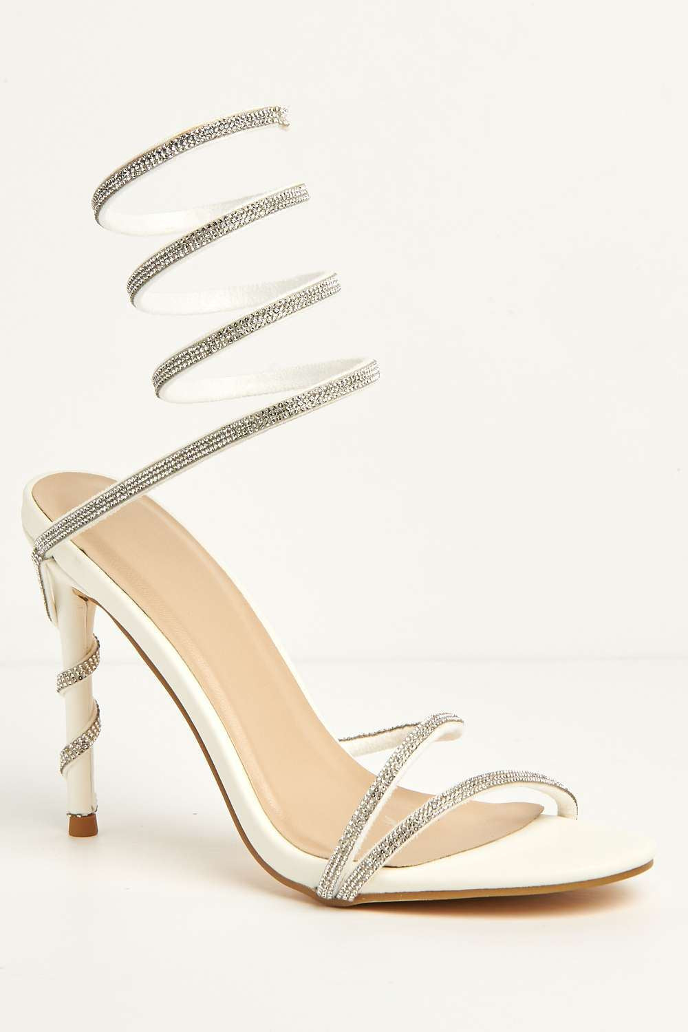 Curly Diamante Embellished Spiral Ankle Strap Sandals in White Matt