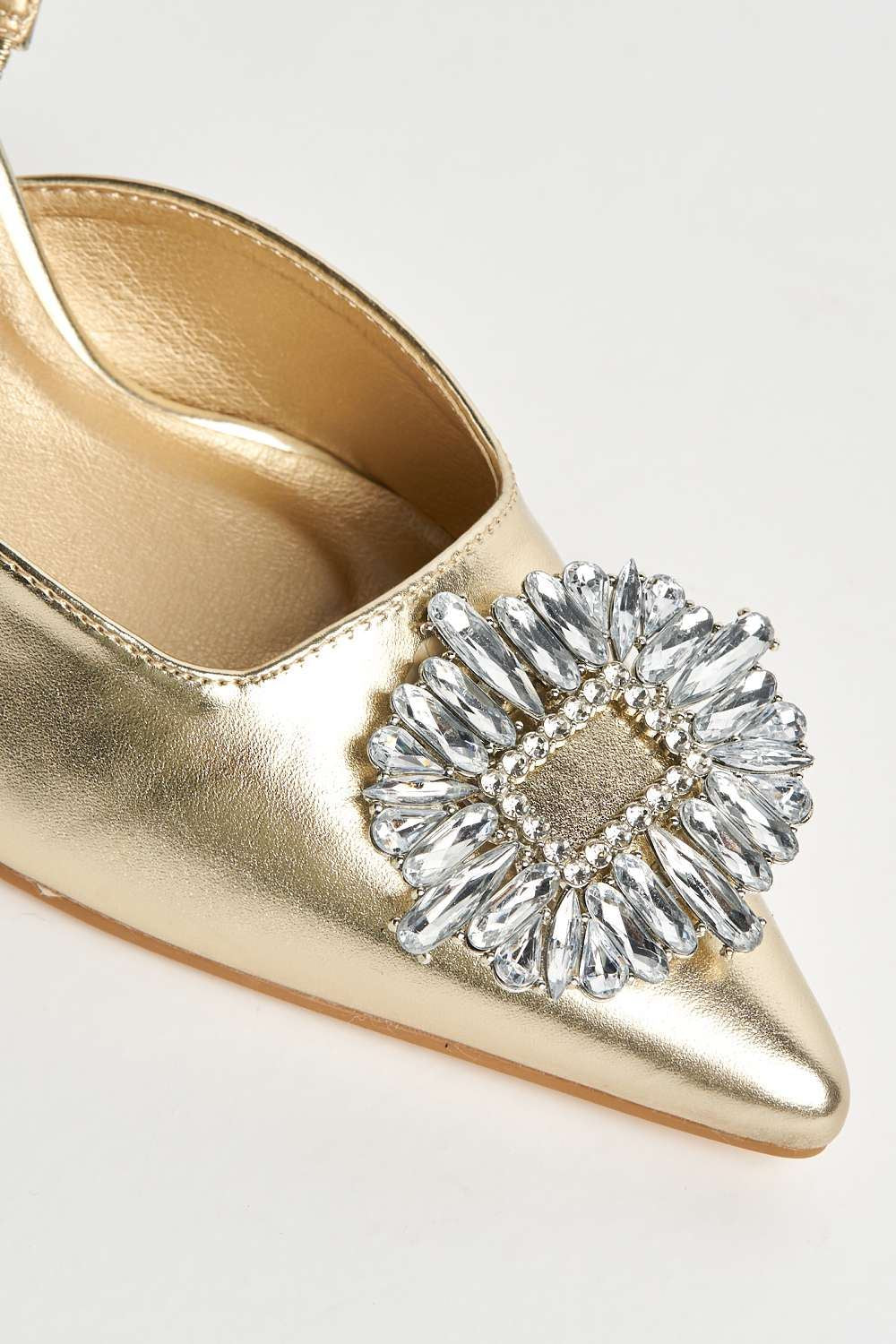 Miss Diva Gold Amira Diamante Brooch Sling Back Court Shoes