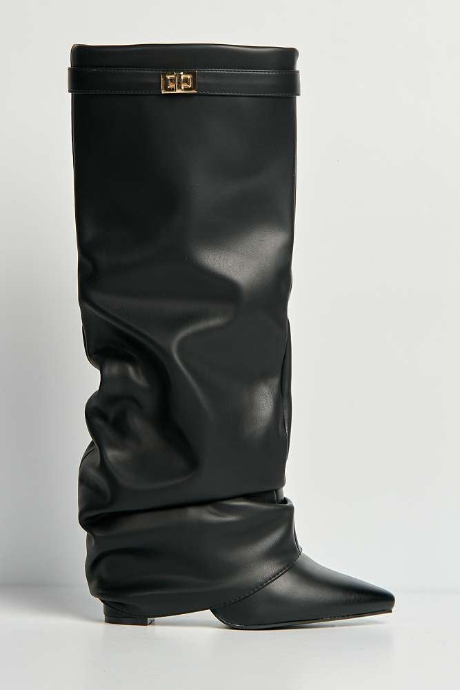 Miss Diva Black Izel Block Heel Pointy Toe Gold Trim Boots
