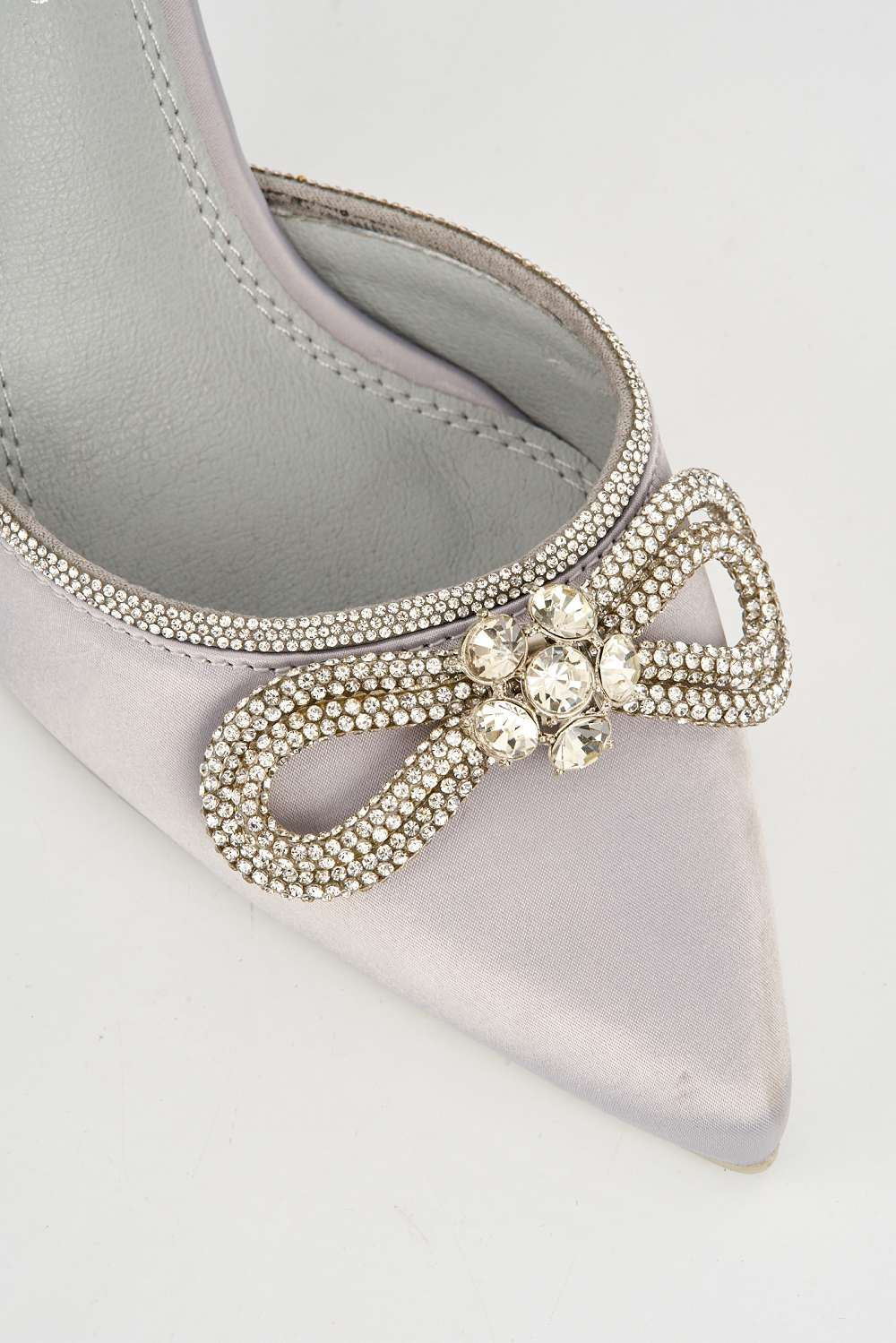 Natalie Pointed Toe Diamante Bow & Strap Court Shoe Heel in Silver Heels Miss Diva