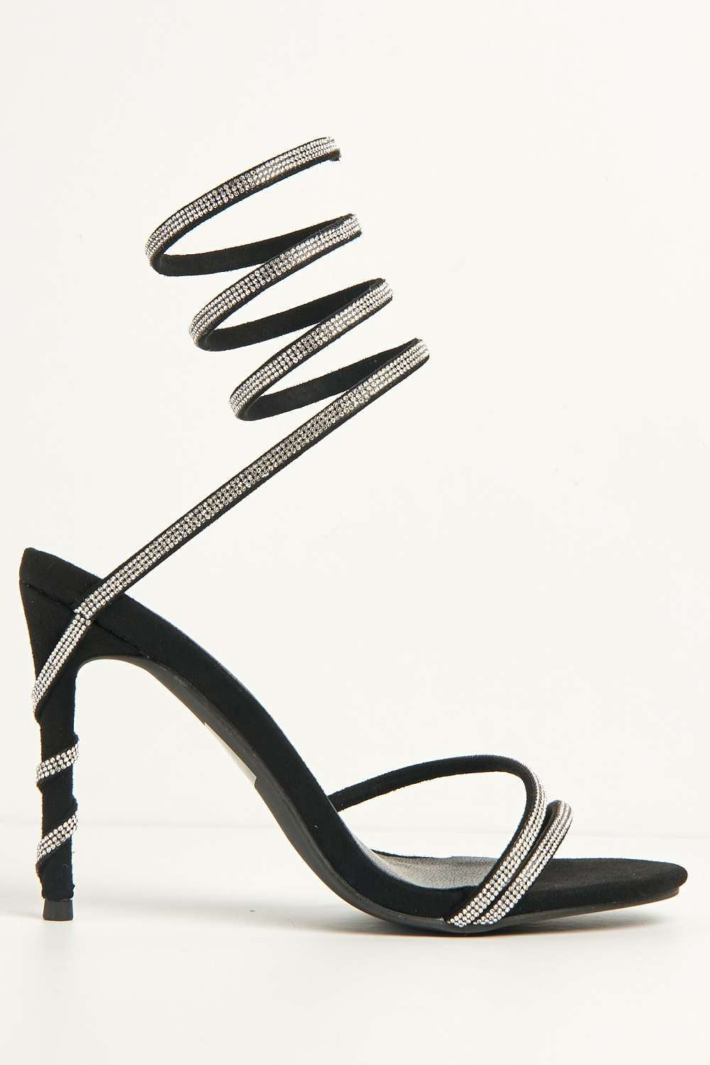 Miss Diva Curly Diamante Embellished Spiral Ankle Strap Sandals in Black Suede