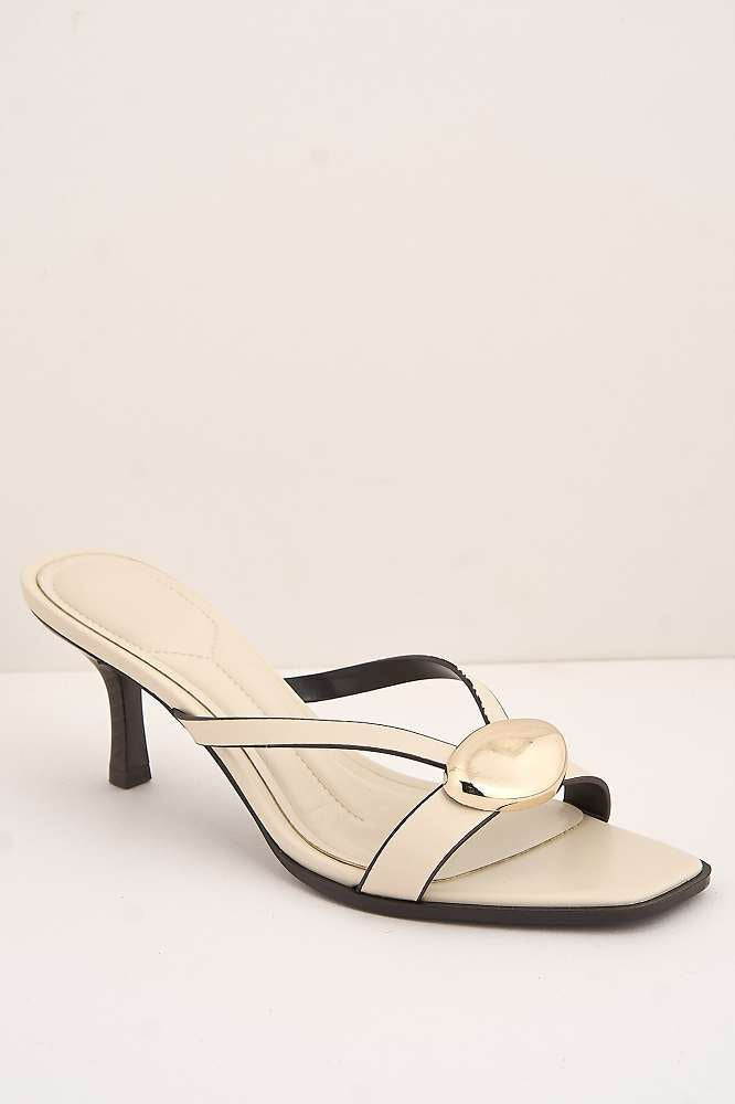 Riona Gold Pebble Detail Slip On Kitten Heel Mules in Cream