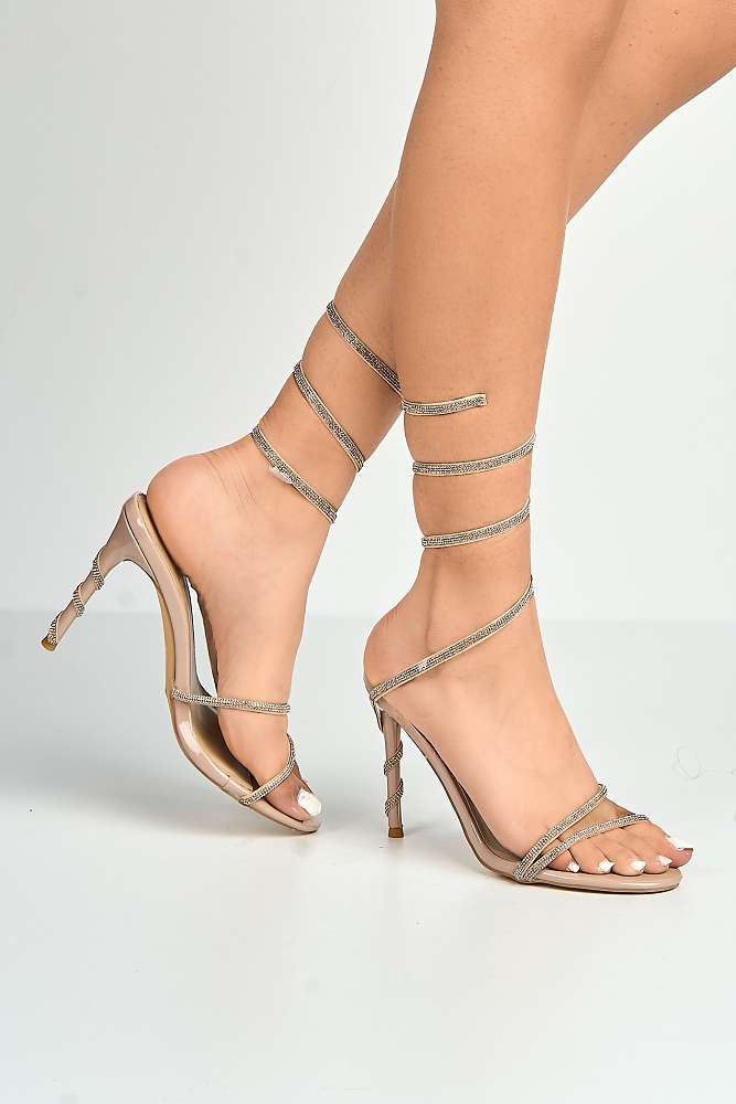 Miss Diva Nude Curly Diamante Embellished Spiral Ankle Strap Sandals