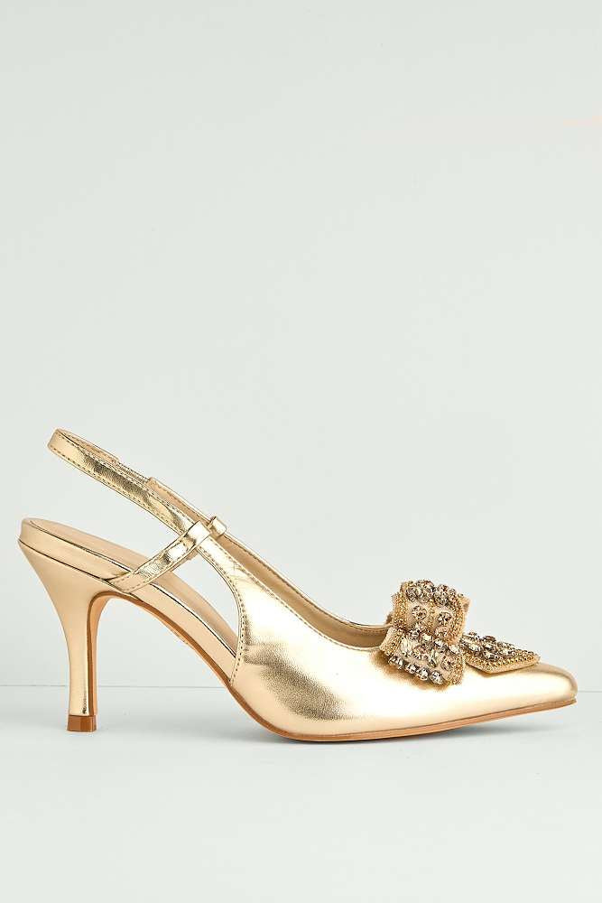 Celia Diamante Bow Pointed Toe Slingback Court Shoes in Gold