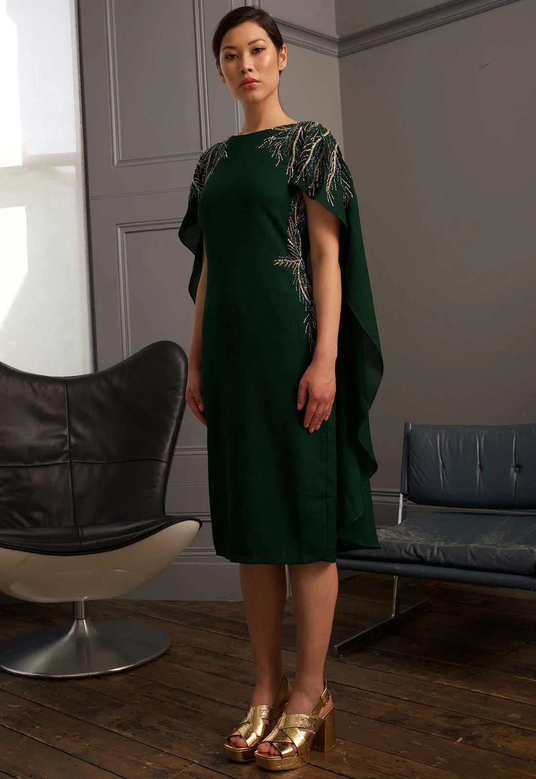 Raishma Green Embroidered Cocktail Dress