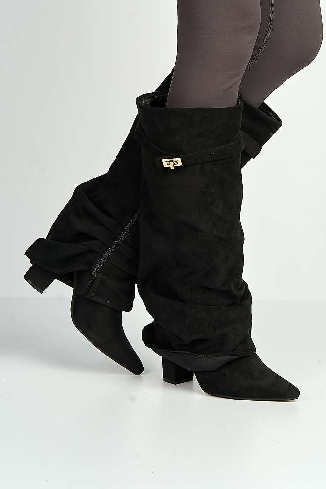 Miss Diva Black Suede Izel Block Heel Boots