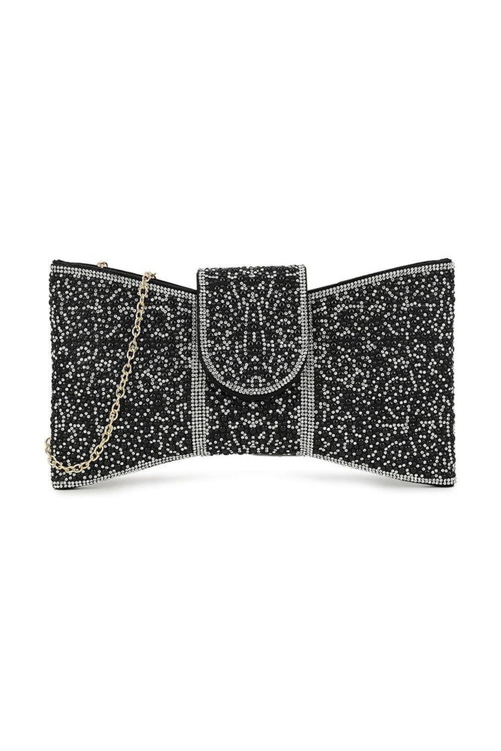 Miss Diva Black Lucille Diamante Encrusted Bow Envelope Clutch Bag