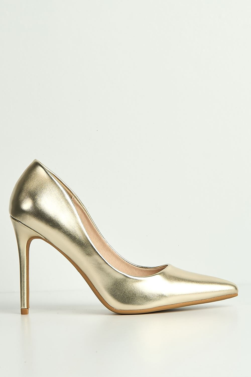 Mila High Stiletto Metallic Heel Court Shoe in Gold