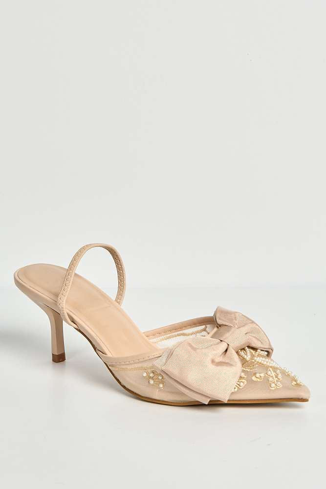 Seren Embellished Mesh and Bow Slingback Court Shoes in Beige