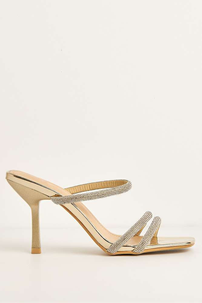 Meiria 3 Diamante Strap High Heel Mules in Gold