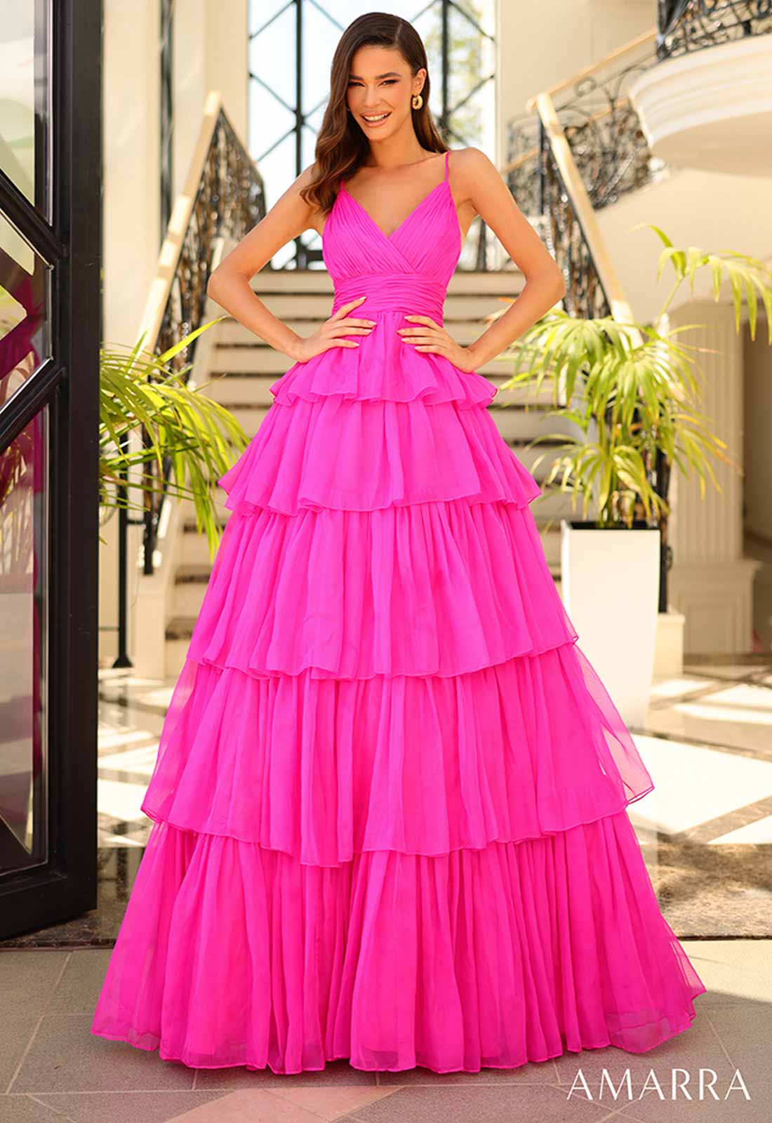 strapless open back dress Amarra 94014 neon pink prom dress at XO by Sophia's