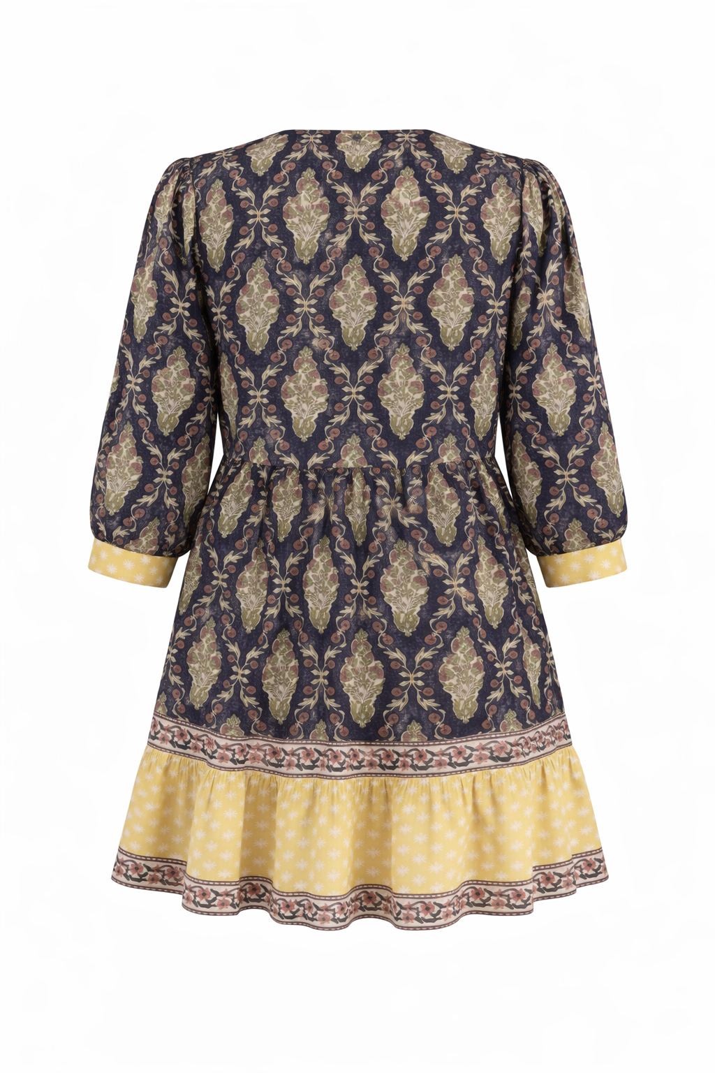 Soul Of Sita Bella Inky Knee Length Wood Block Printed Dress With Contrast Border. 100% Cotton With Pockets And Shell Buttons