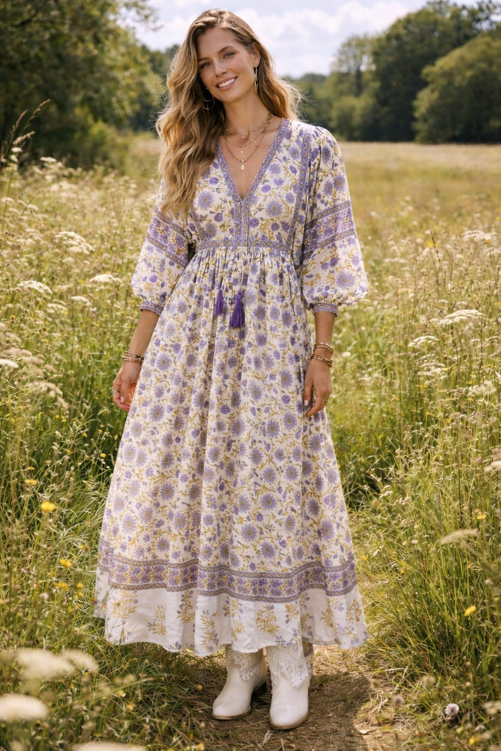 Soul Of Sita Amelia San Floral Lilac Floaty Sleeve Woodblock Print With Flowers, Maxi Dress