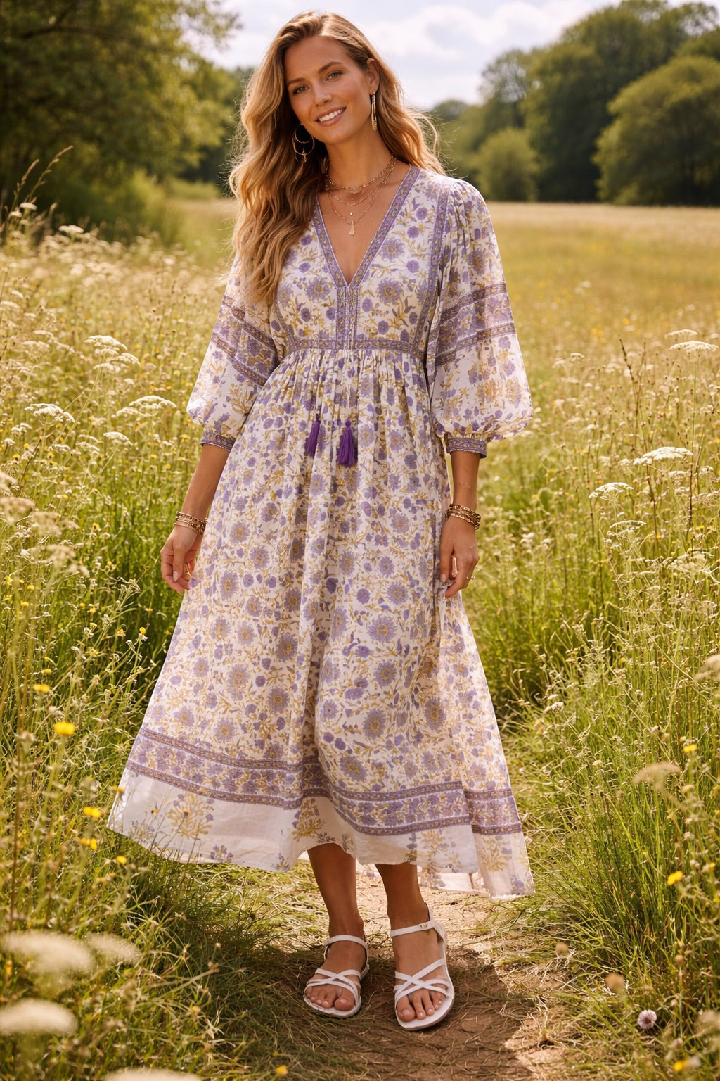 Soul Of Sita Amelia San Floral Lilac Floaty Sleeve Woodblock Print With Flowers, Maxi Dress