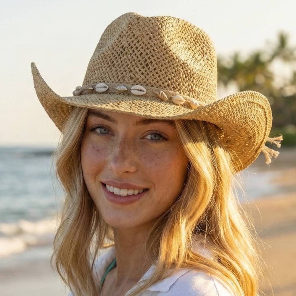 Straw Weave Cowrie Shell Rope Strap Cowboy Hat: IV