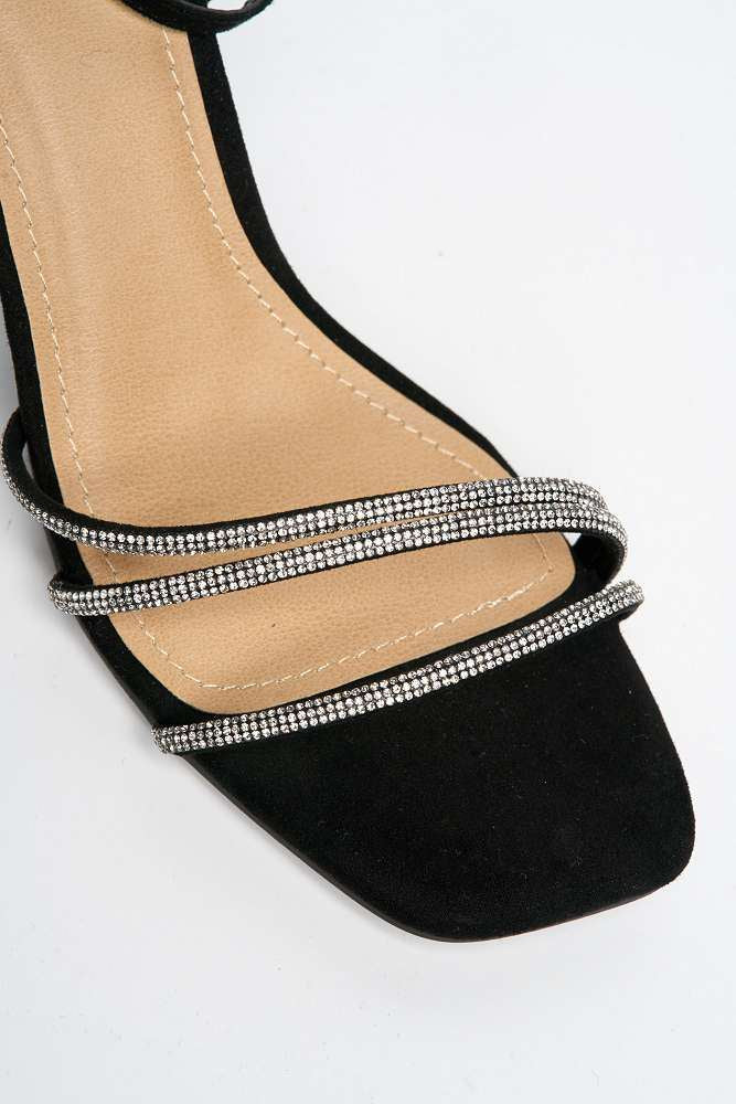 Miss Diva Alyanna Diamante Embellished Metallic Trim Block Heel Sandals in Black Suede