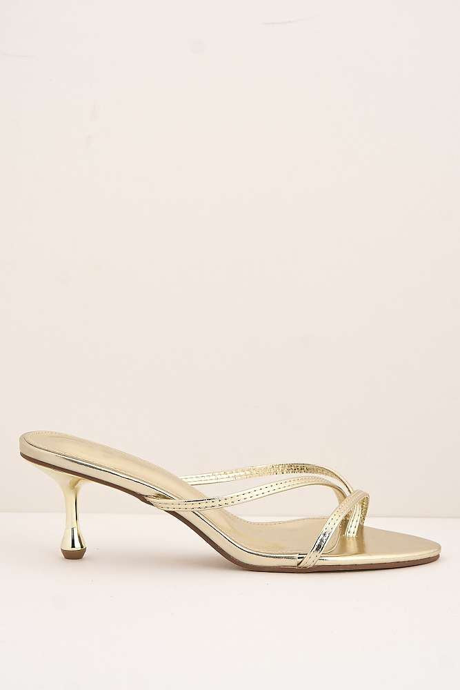 Miss Diva Gold Sylvia Toepost Strappy Slip On Kitten Heel Mules