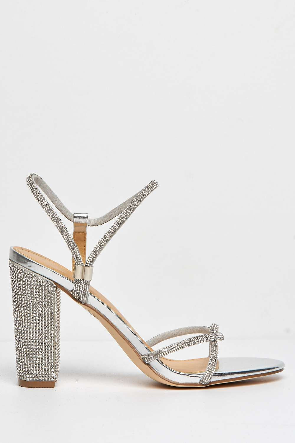 Miss Diva Rayah Diamante Embellished Block Heel Sandals in Silver