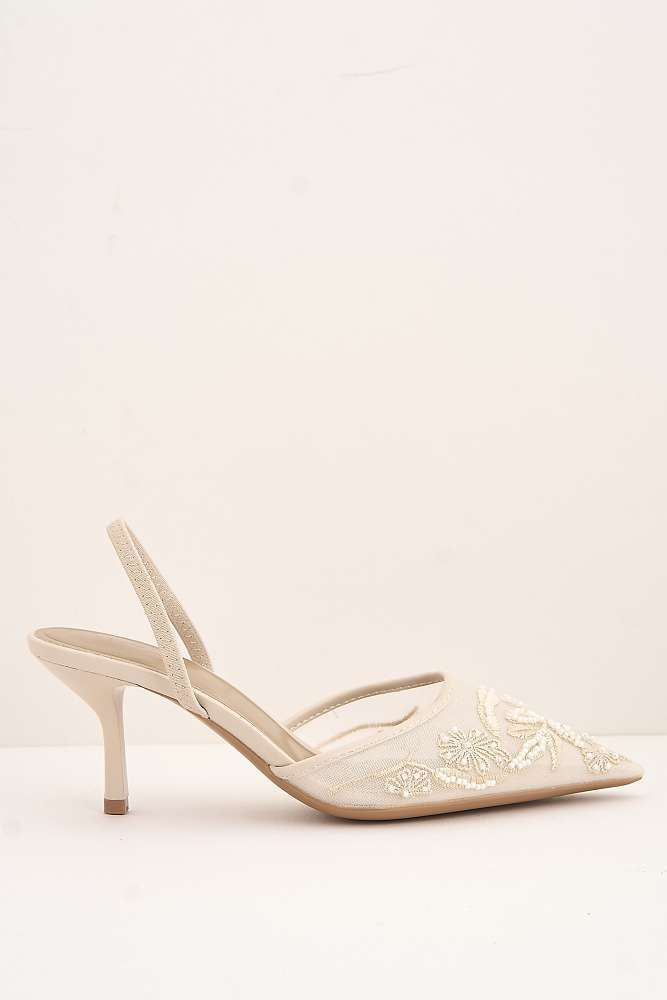 Romina Bead Embellished Mesh Slingback Court Shoes in Beige