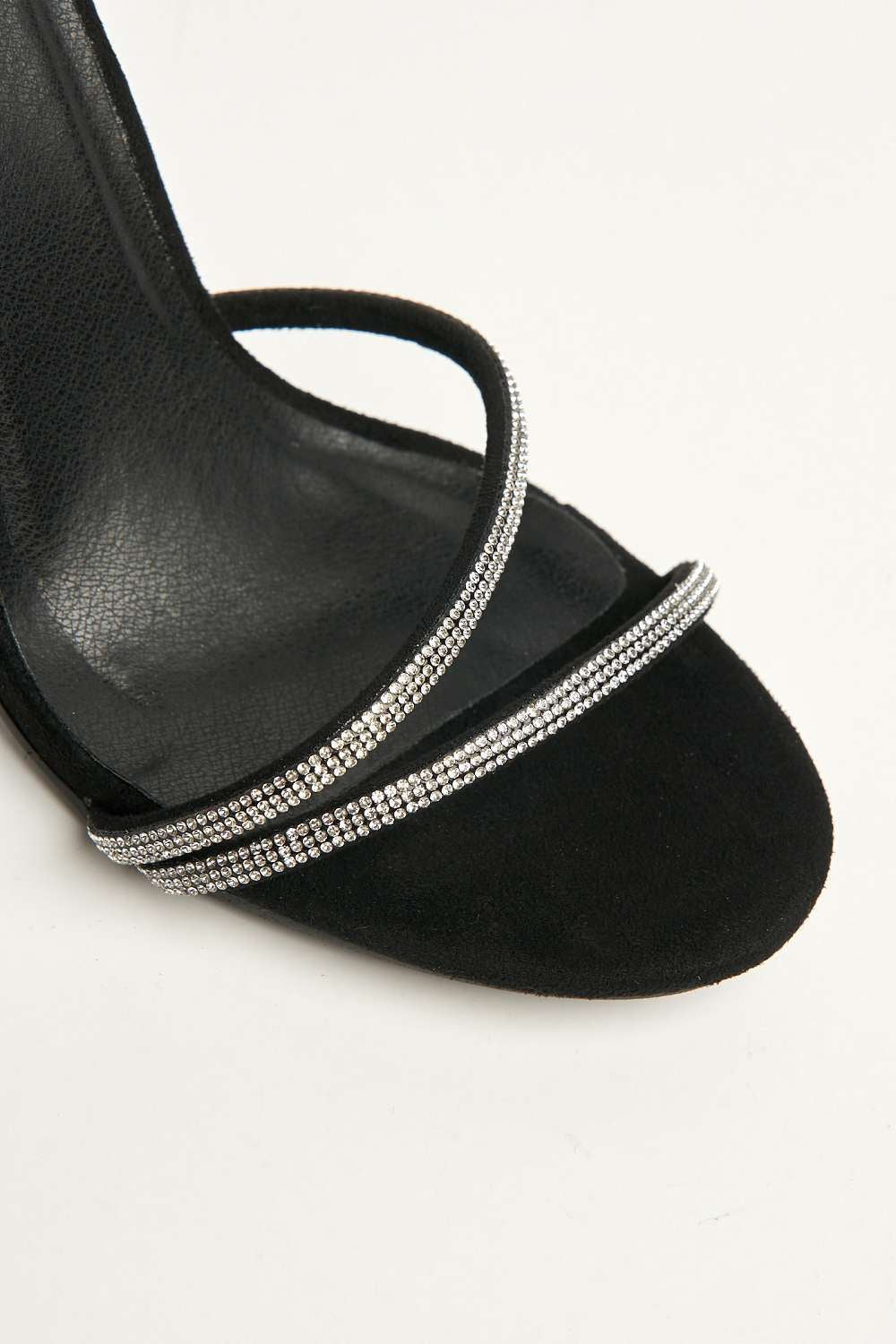 Miss Diva Curly Diamante Embellished Spiral Ankle Strap Sandals in Black Suede