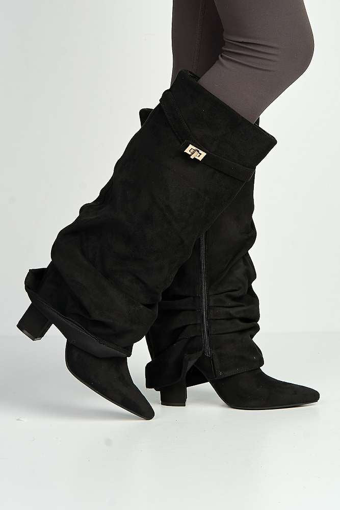 Miss Diva Black Suede Izel Block Heel Boots
