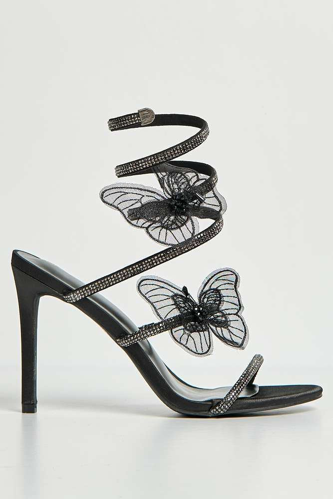 Miss Diva Black Loreli Flower Detail Diamante Heeled Sandals