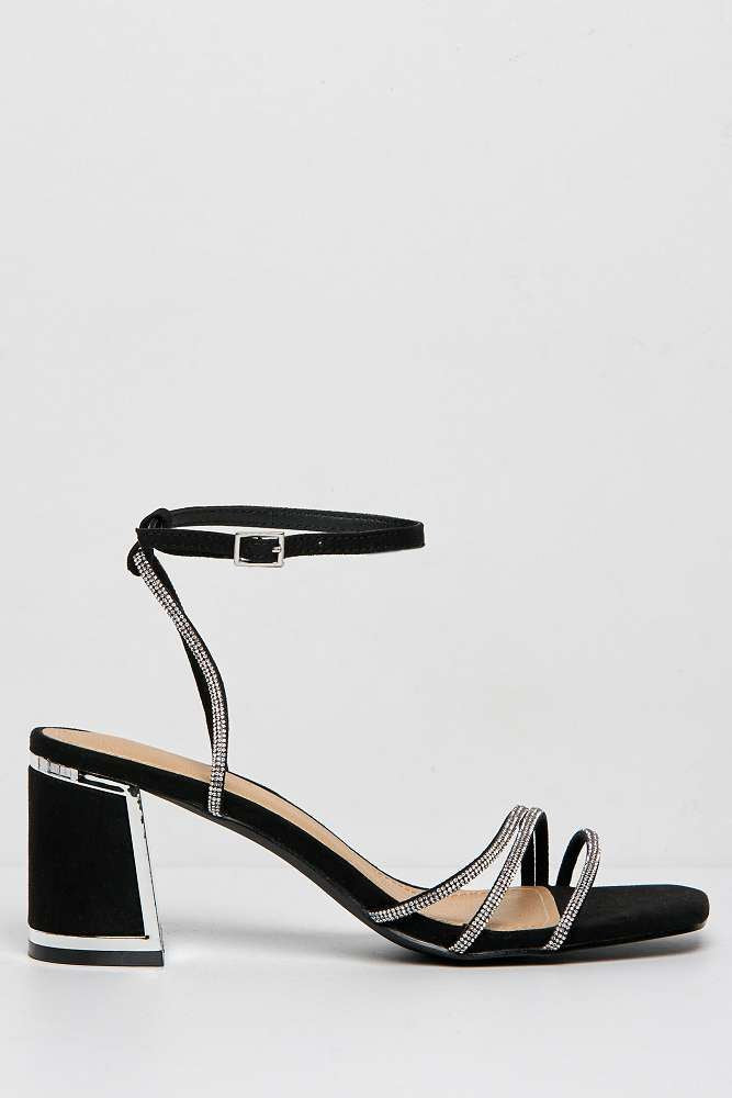 Miss Diva Alyanna Diamante Embellished Metallic Trim Block Heel Sandals in Black Suede