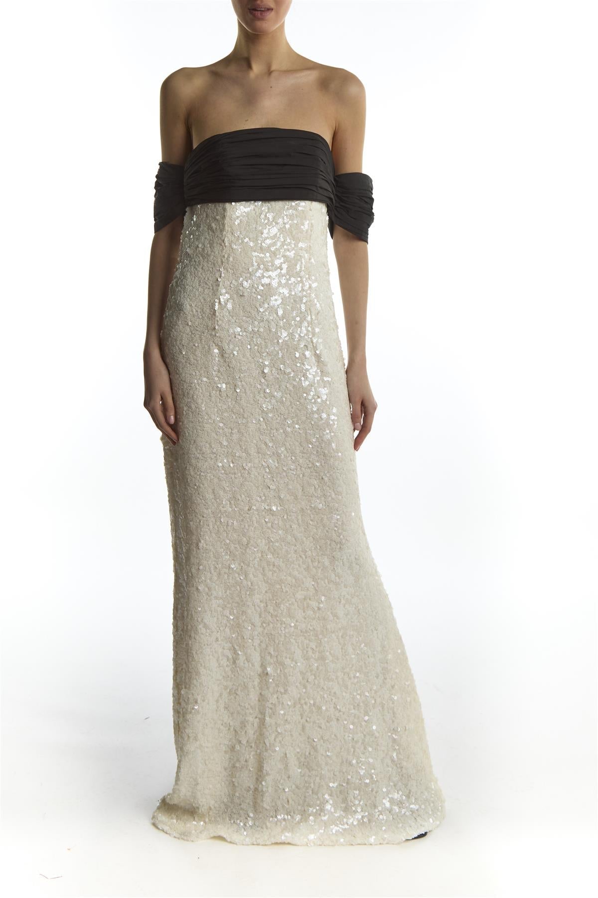 True Decadence White Black Sequin Bardot Bow Maxi-Dress