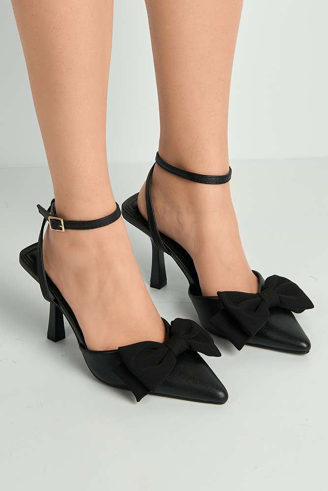 Alua Bow Detail Anklestrap Court Shoes in Black