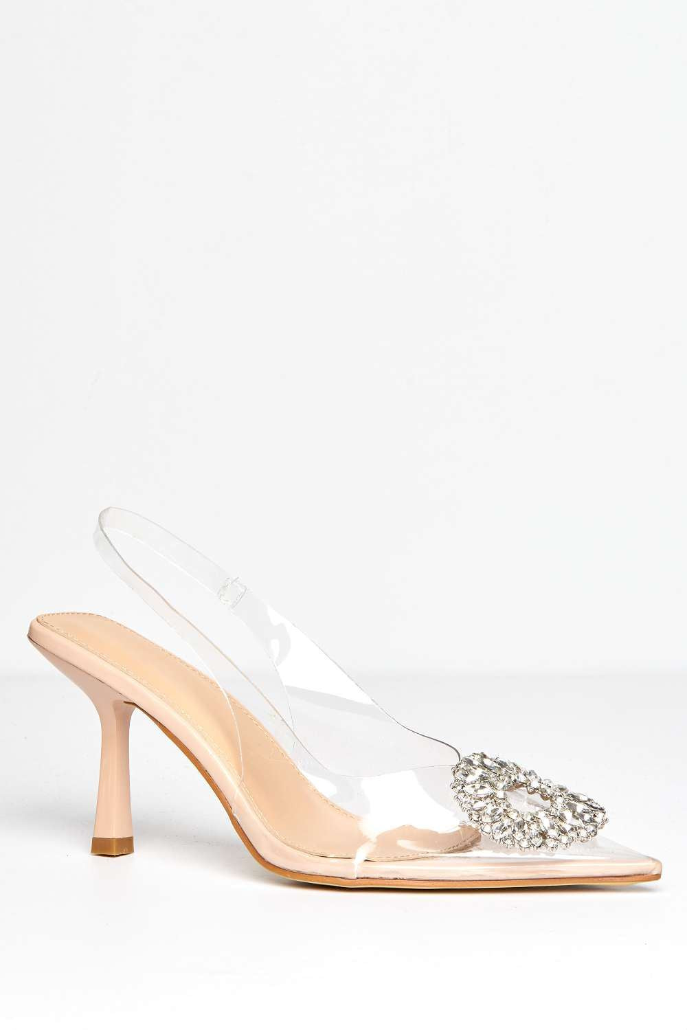 Miss Diva Lolya Diamante Brooch Detail Perspex Court Shoe Heels in Nude