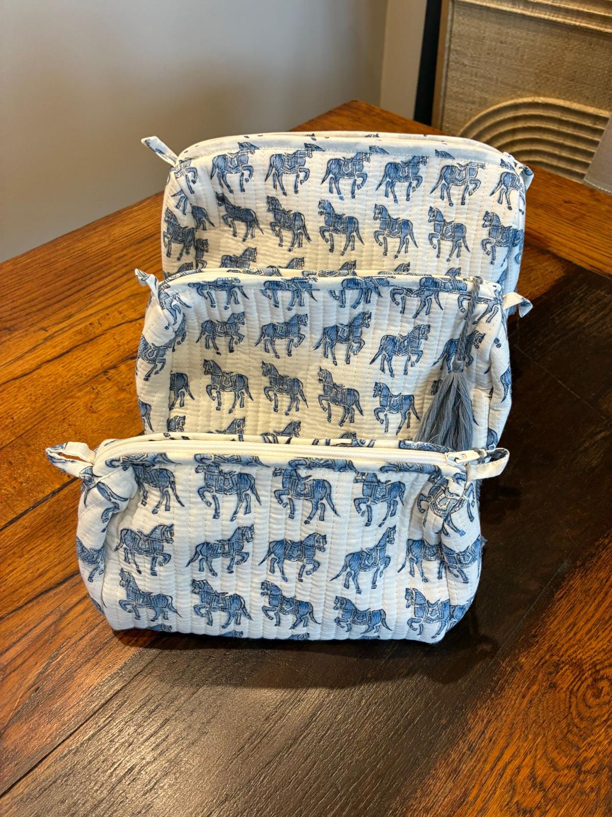 Soul Of Sita Woodblock Blue Horse Quilted Makeup Bag Set
