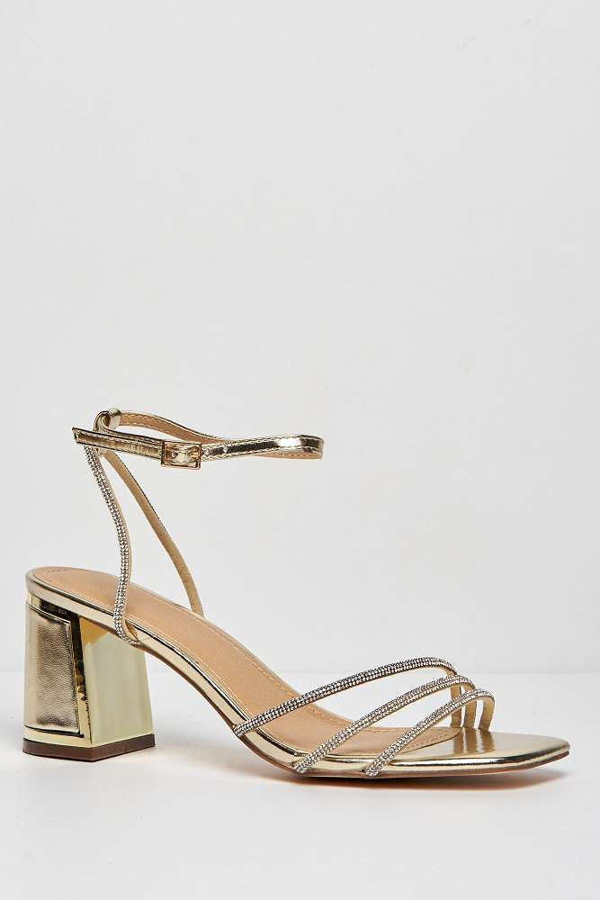 Miss Diva Alyanna Diamante Embellished Metallic Trim Block Heel Sandals in Gold